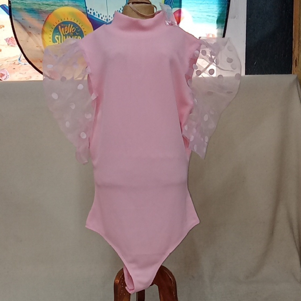 TCEC Pink Bodysuit with Sheer Polka Dot Sleeves